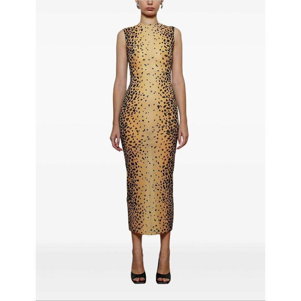 NWT Alex Perry Cheetah Sleeveless Mesh Straight Hem Midi Dress Women's 8US
